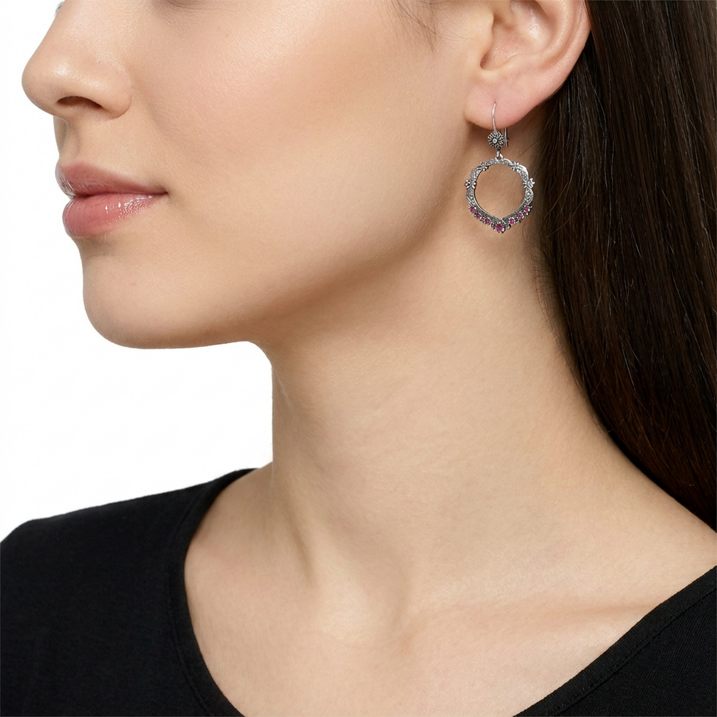 Sterling Silver Rhodonite Open Hoop Concha Lever Back Earrings