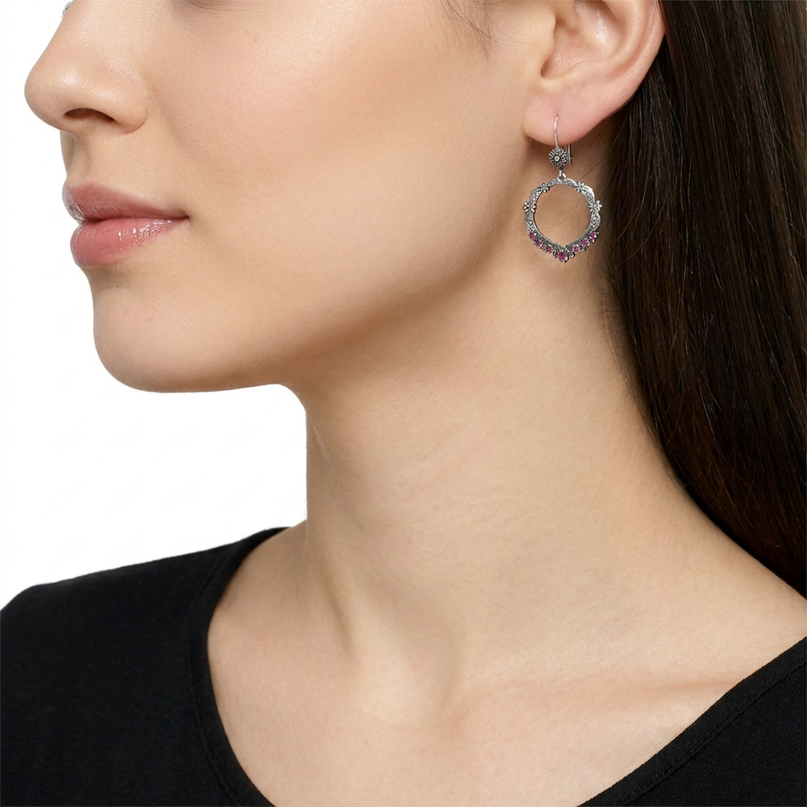 Sterling Silver Rhodonite Open Hoop Concha Lever Back Earrings