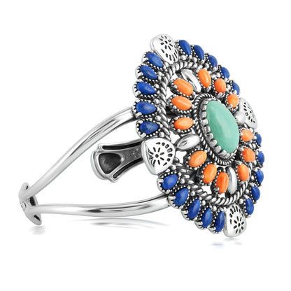 Sterling Silver Green Turquoise, Lapis and Orange Spiny Oyster Floral Cluster Cuff Bracelet