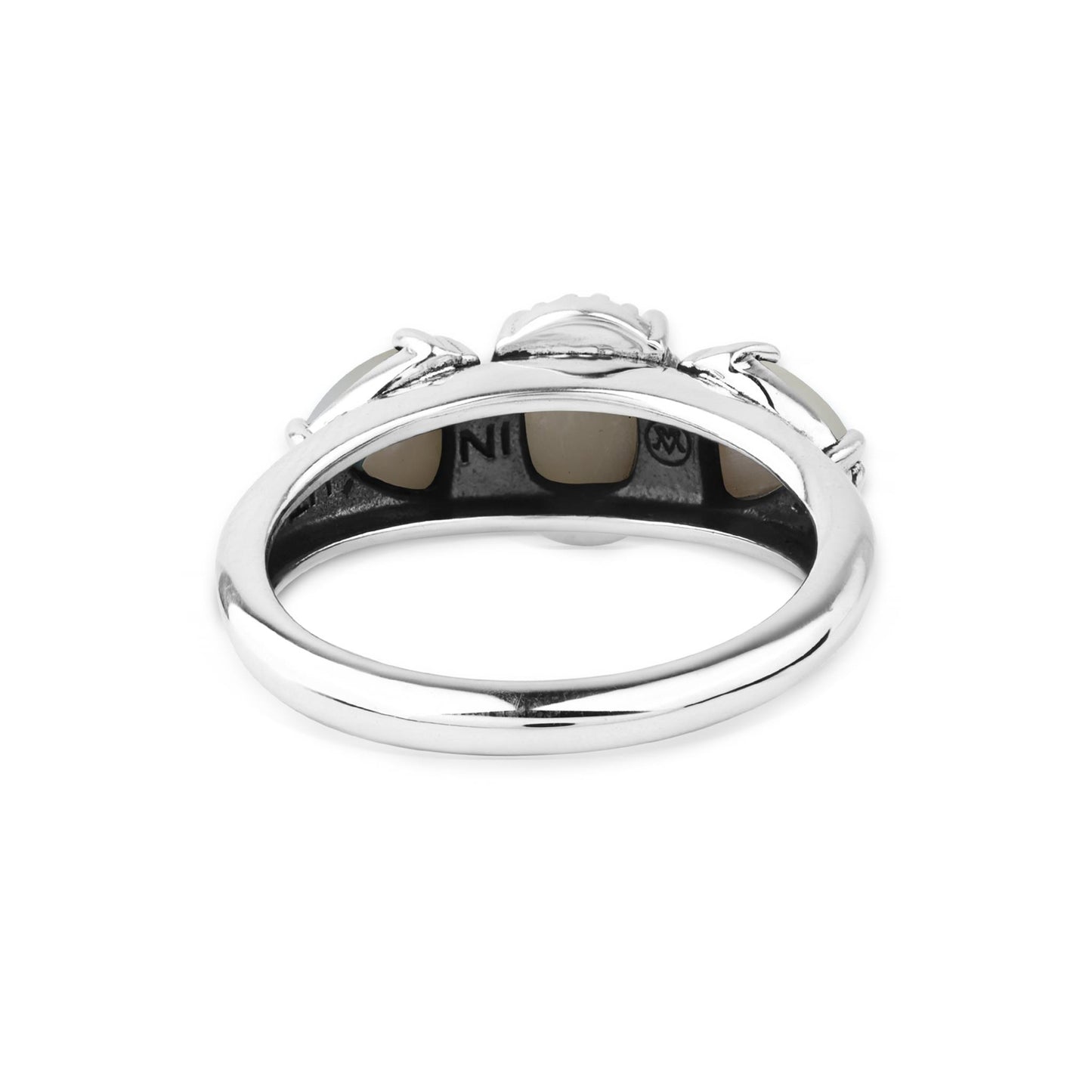  Sterling Silver White Mother of Pearl Oval and Trillion 3-Stone Ring