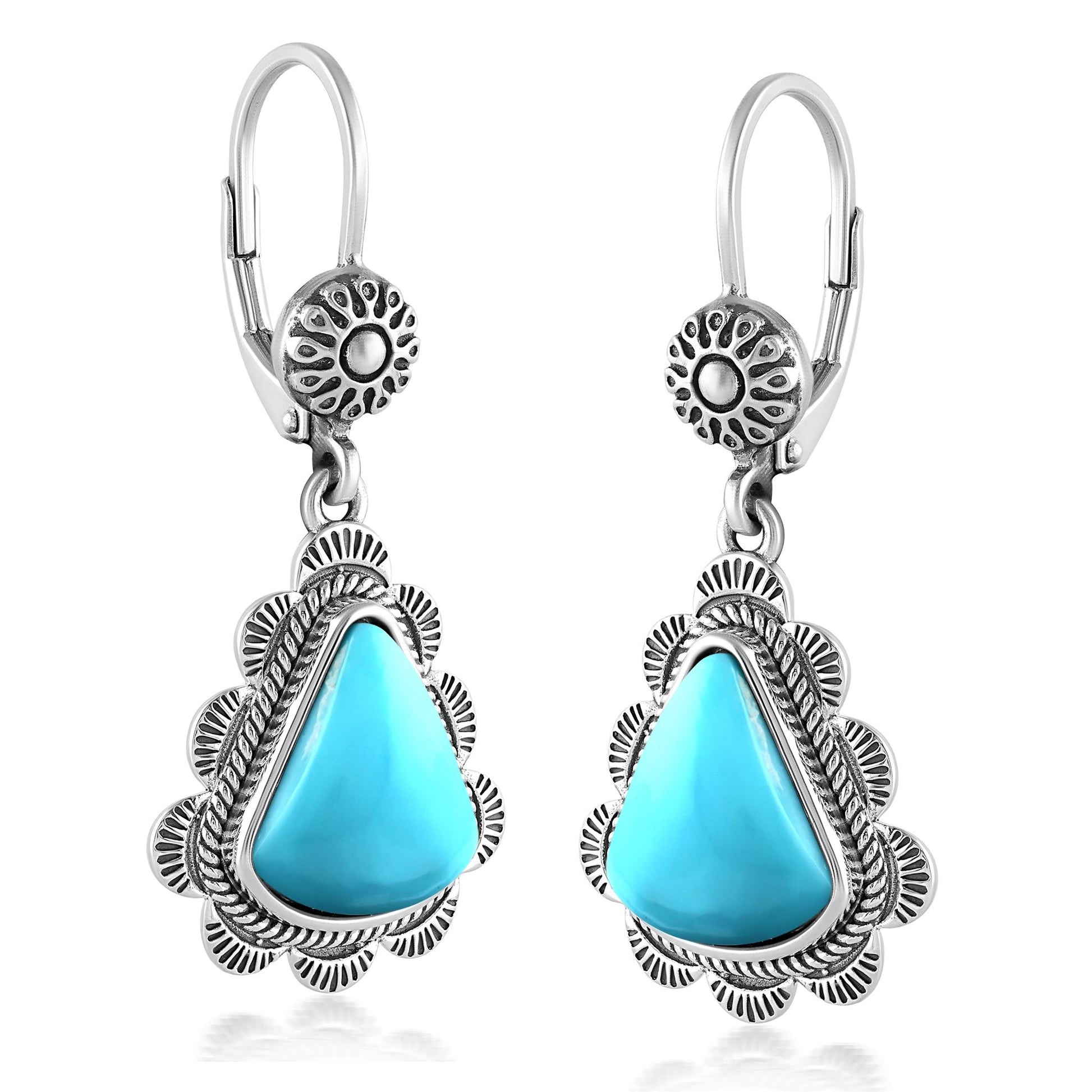 LIMITED EDITION! Sterling Silver Sleeping Beauty Turquoise Scalloped Triangle Cut Dangle Earrings