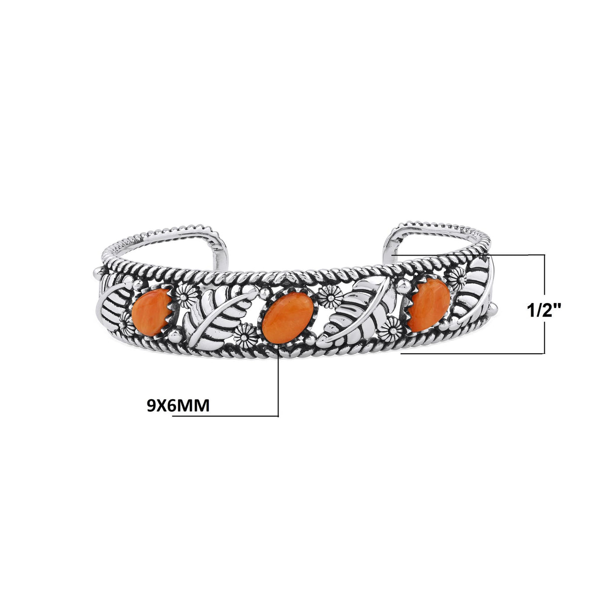 Sterling Silver Orange Spiny Oyster Oval and Pear Leaf Cuff Bracelet