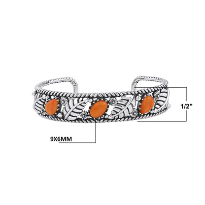 Sterling Silver Orange Spiny Oyster Oval and Pear Leaf Cuff Bracelet