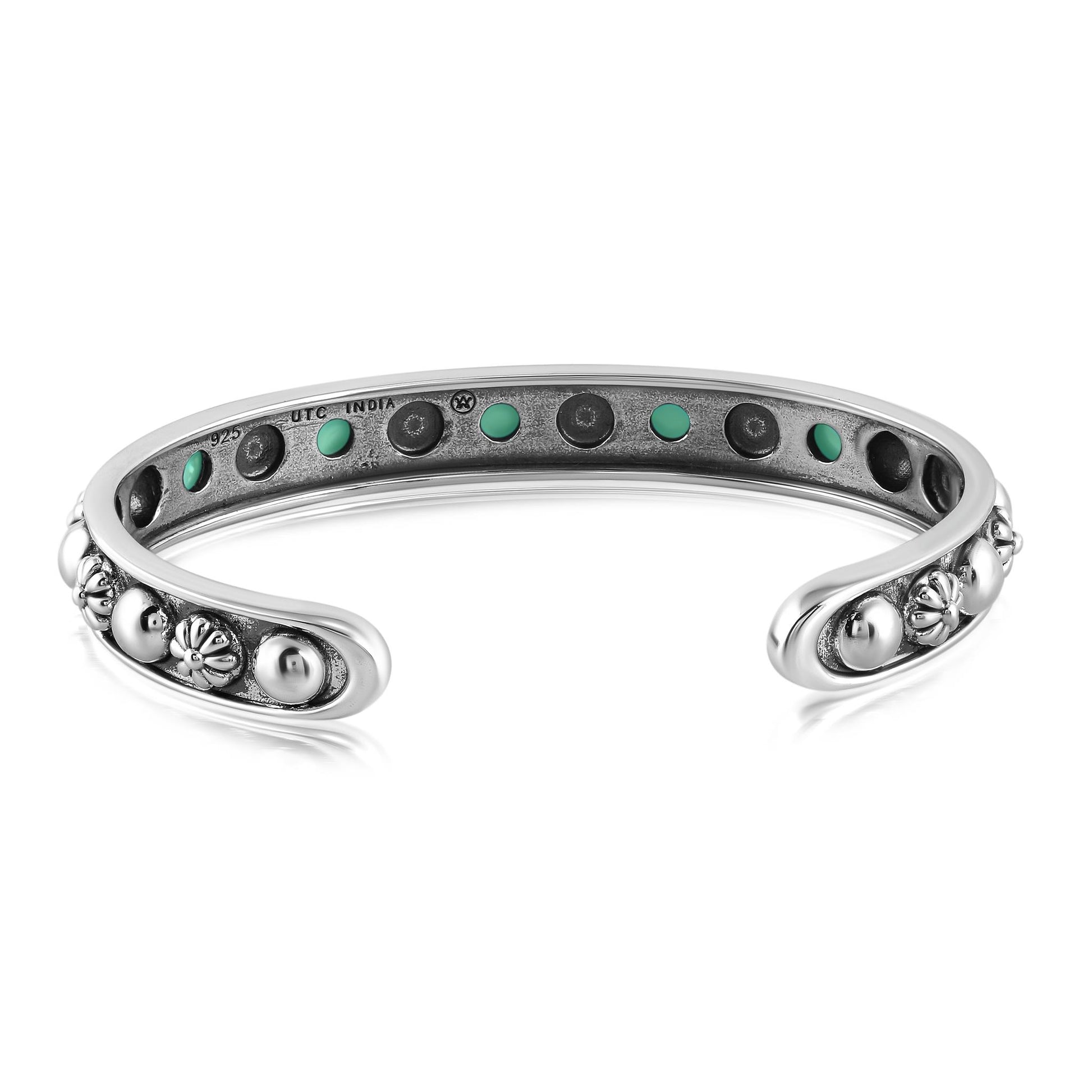 Sterling Silver Green Turquoise Concha Flower Narrow Cuff Bracelet