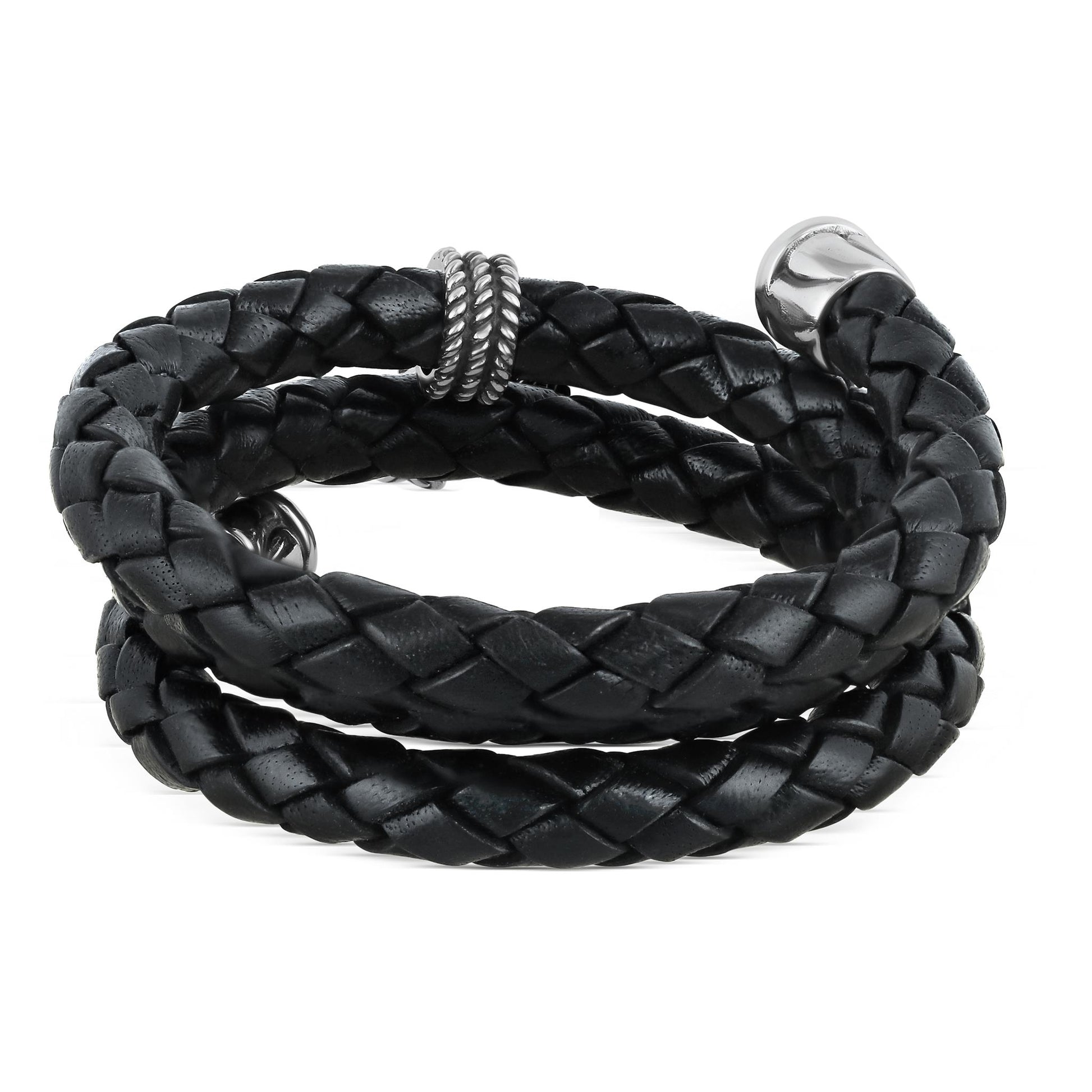 Sterling Silver Sleeping Beauty Turquoise Black Leather Initial "N" Coil Bracelet