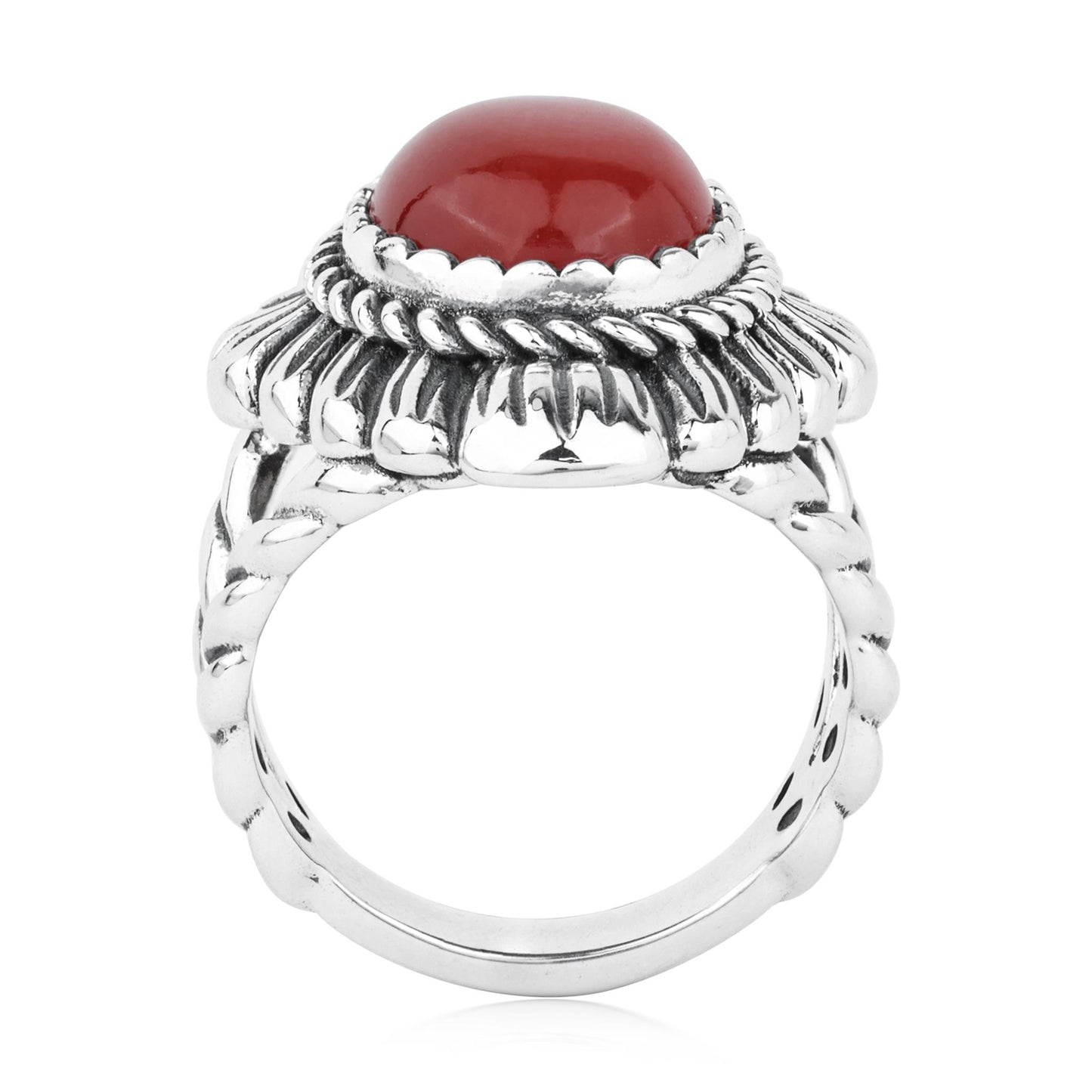 Sterling Silver Red Onyx Oval-Cut Rope Scallop Design Ring