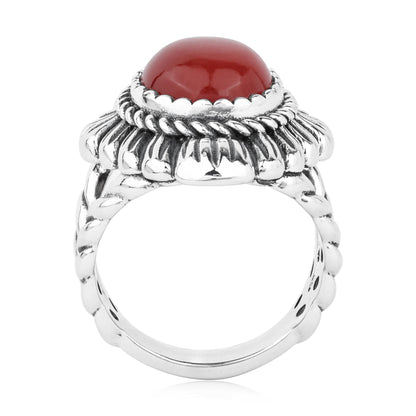 Sterling Silver Red Onyx Oval-Cut Rope Scallop Design Ring