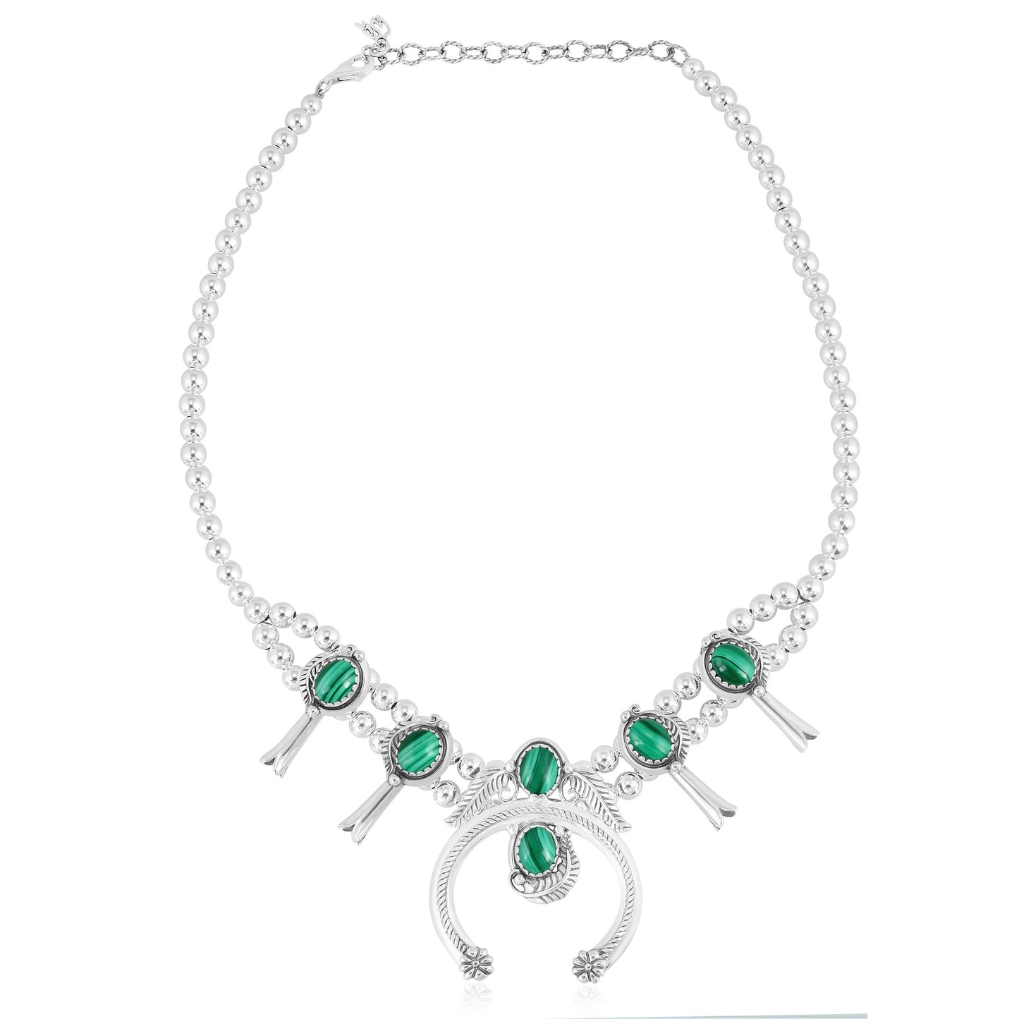 EXCLUSIVELY OURS! Sterling Silver Malachite Squash Blossom Necklace 17 to 20 Inches