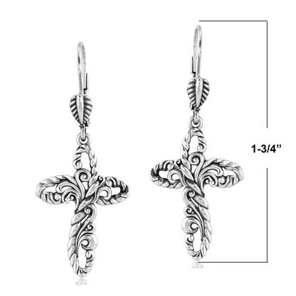 EXCLUSIVELY OURS! Sterling Silver Rope and Filigree Cross Lever Back Dangle Earrings