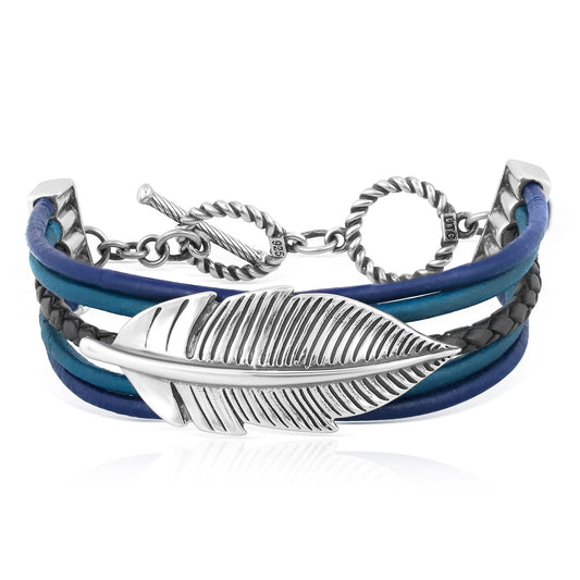 Sterling Silver Feather Design Multicolored Blue Leather Toggle Bracelet