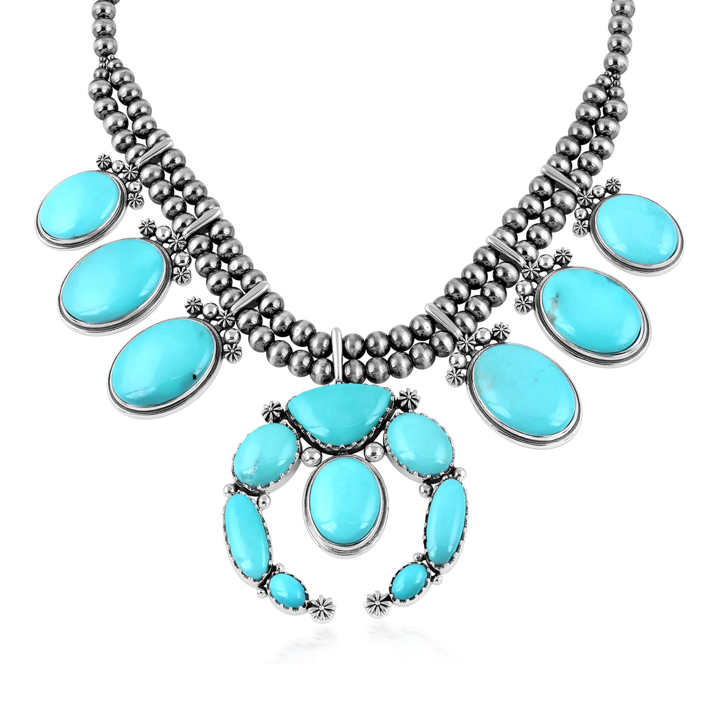 Sterling Silver Kingman Turquoise Naja Squash Blossom Statement Necklace