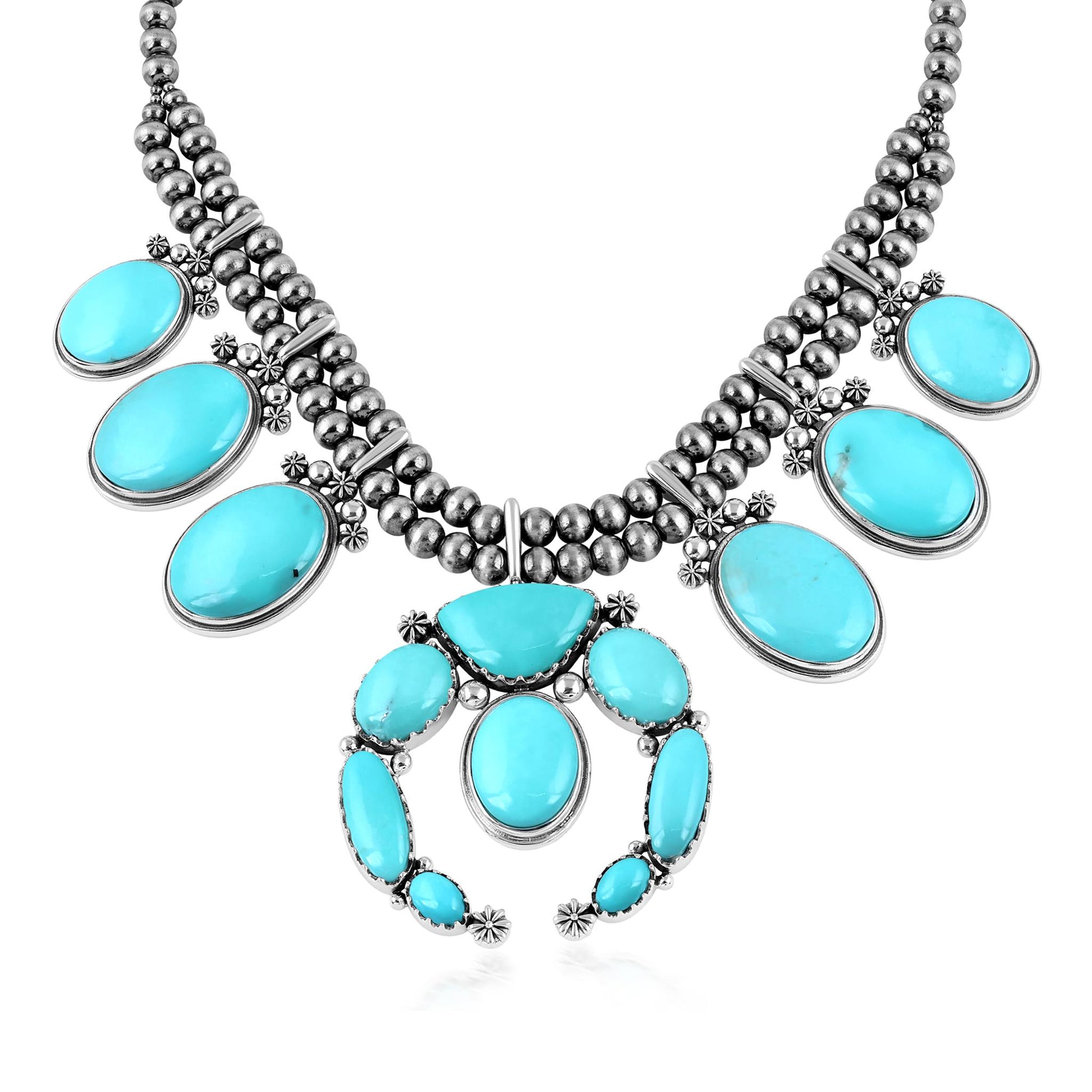 Sterling Silver Kingman Turquoise Naja Squash Blossom Statement Necklace