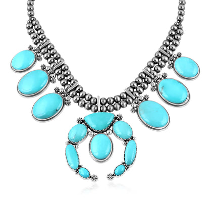 Sterling Silver Kingman Turquoise Naja Squash Blossom Statement Necklace