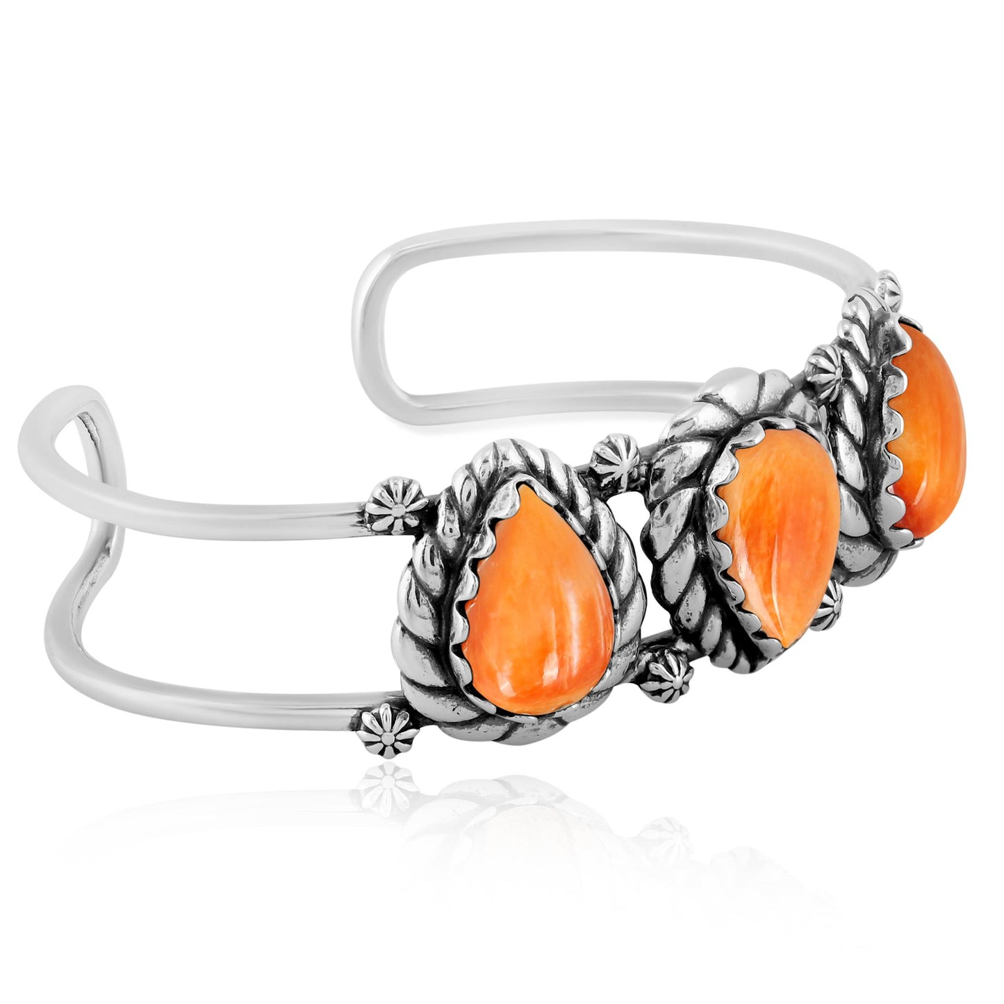 LIMITED EDITION! Sterling Silver Orange Spiny Oyster Pear Cut Rope Design Cuff Bracelet, Sizes Small to Large