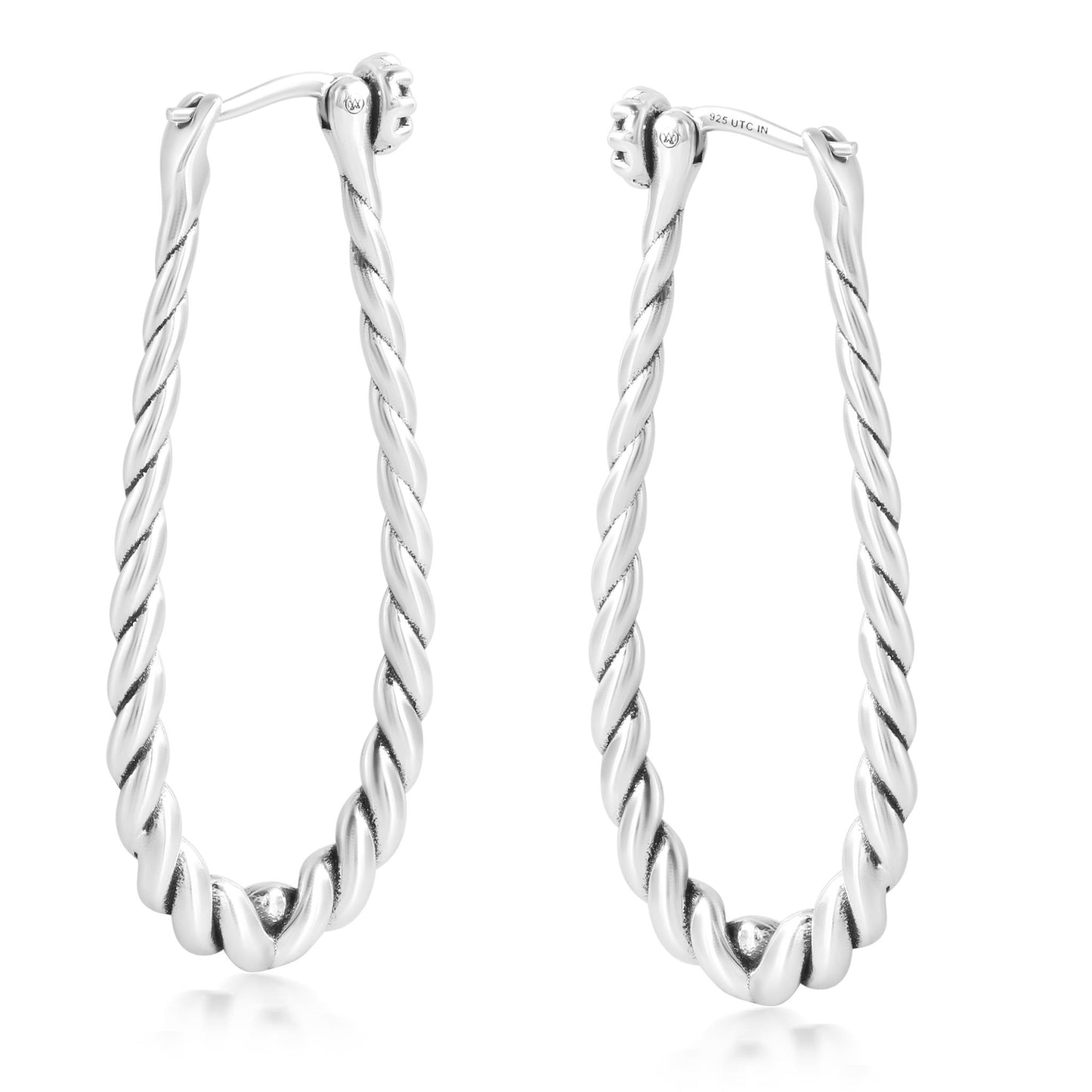 Sterling Silver Elongated Oval Rope Textured Hoop Earrings