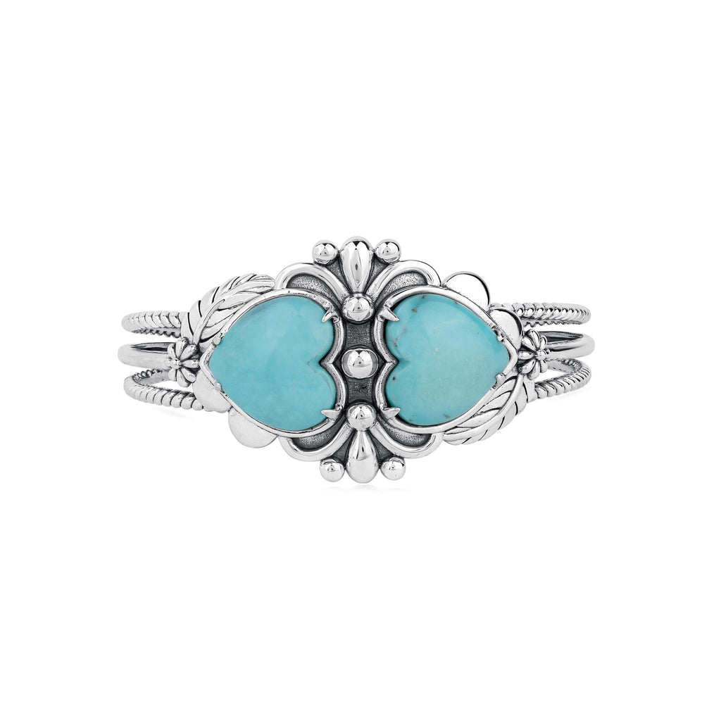 EXCLUSIVELY OURS! Sterling Silver Kingman Turquoise Double Heart Cuff Bracelet, Sizes Small to Large