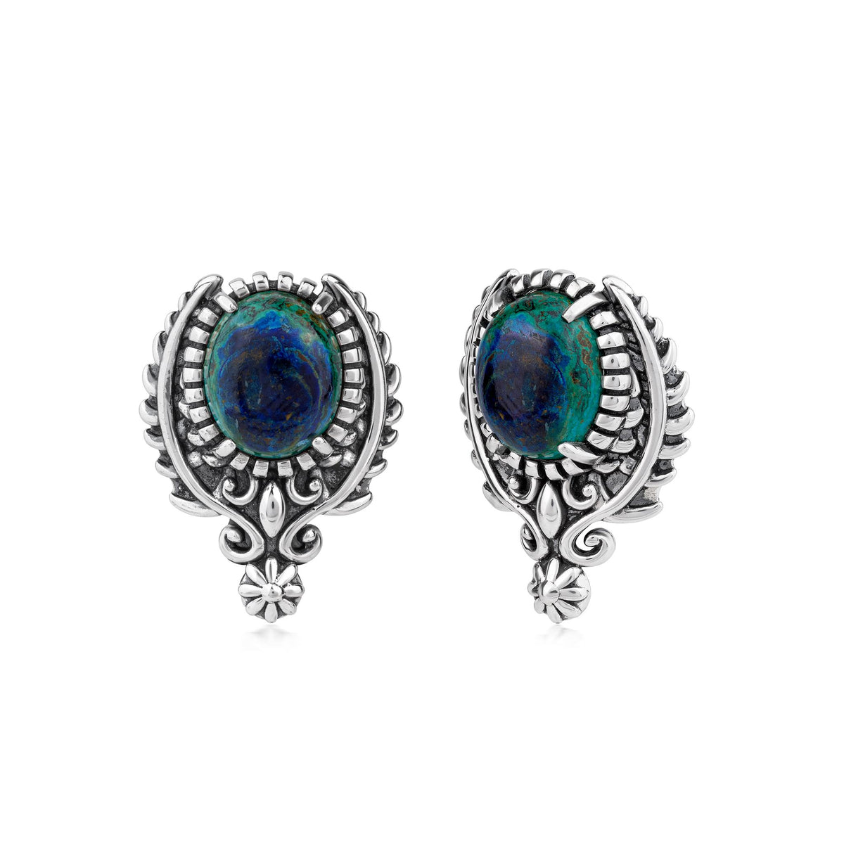 Sterling Silver Azurite Leaf and Vine Oval Post Earrings
