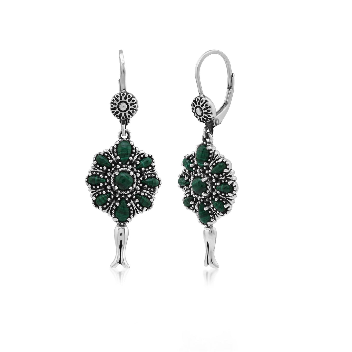  Sterling Silver Malachite Flower Cluster Squash Blossom Earrings