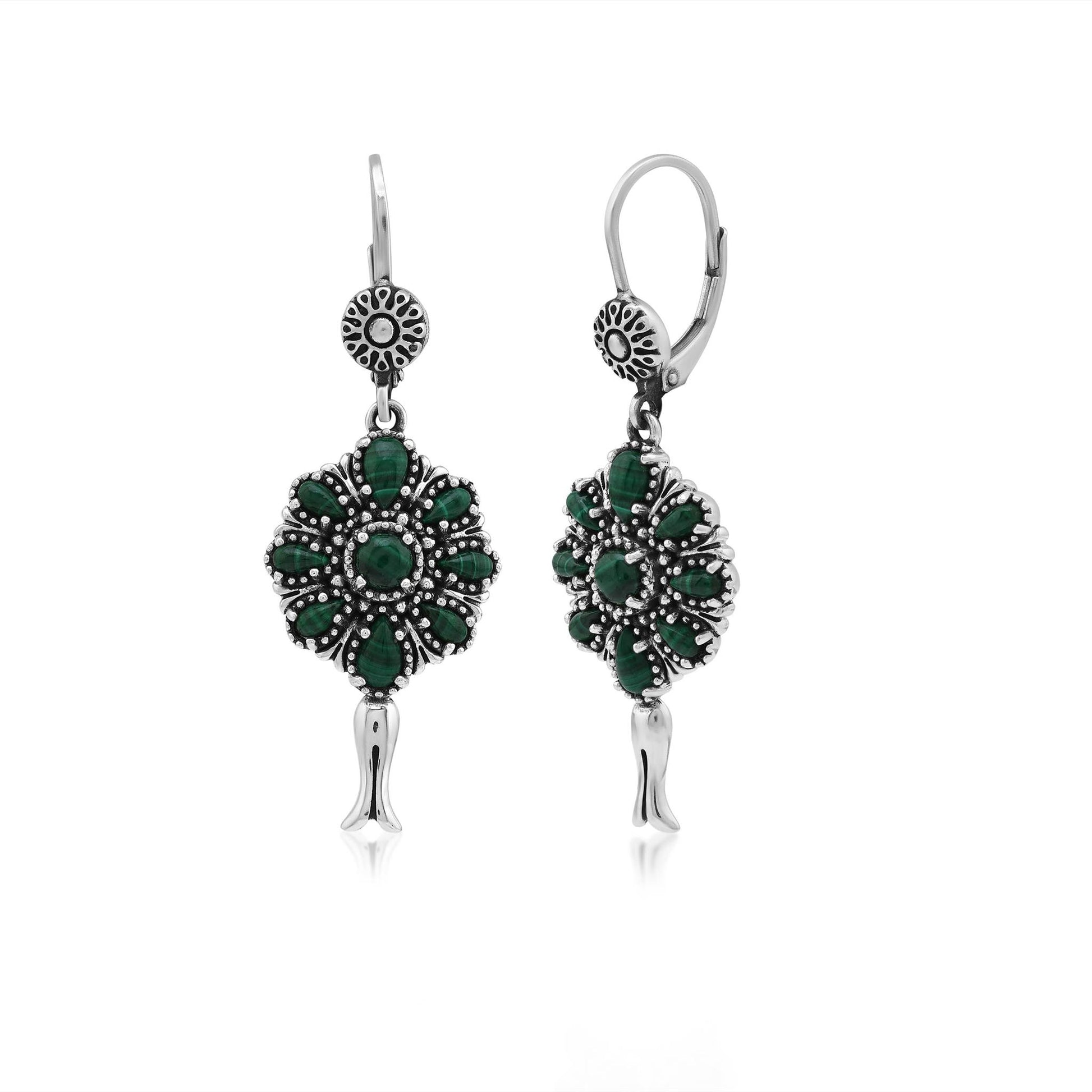  Sterling Silver Malachite Flower Cluster Squash Blossom Earrings