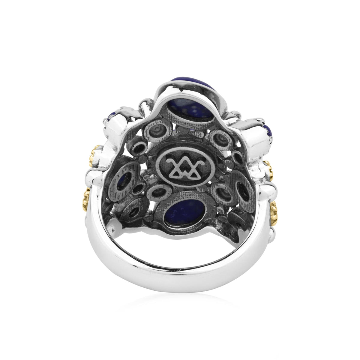 Sterling Silver Lapis Two-Tone 9 Gemstone Concha Ring, Sizes 5 to 10