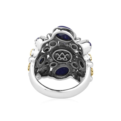 Sterling Silver Lapis Two-Tone 9 Gemstone Concha Ring, Sizes 5 to 10
