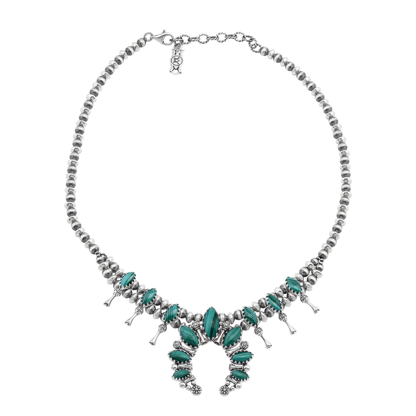  Sterling Silver Malachite Marquise-Cut Squash Blossom Necklace 