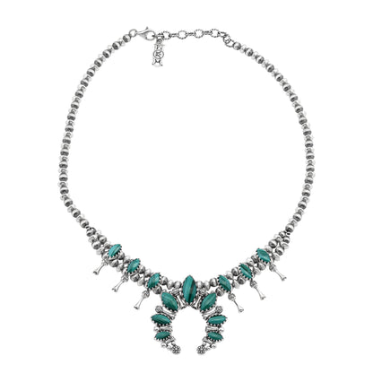  Sterling Silver Malachite Marquise-Cut Squash Blossom Necklace 
