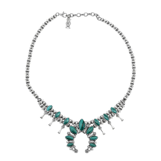  Sterling Silver Malachite Marquise-Cut Squash Blossom Necklace 