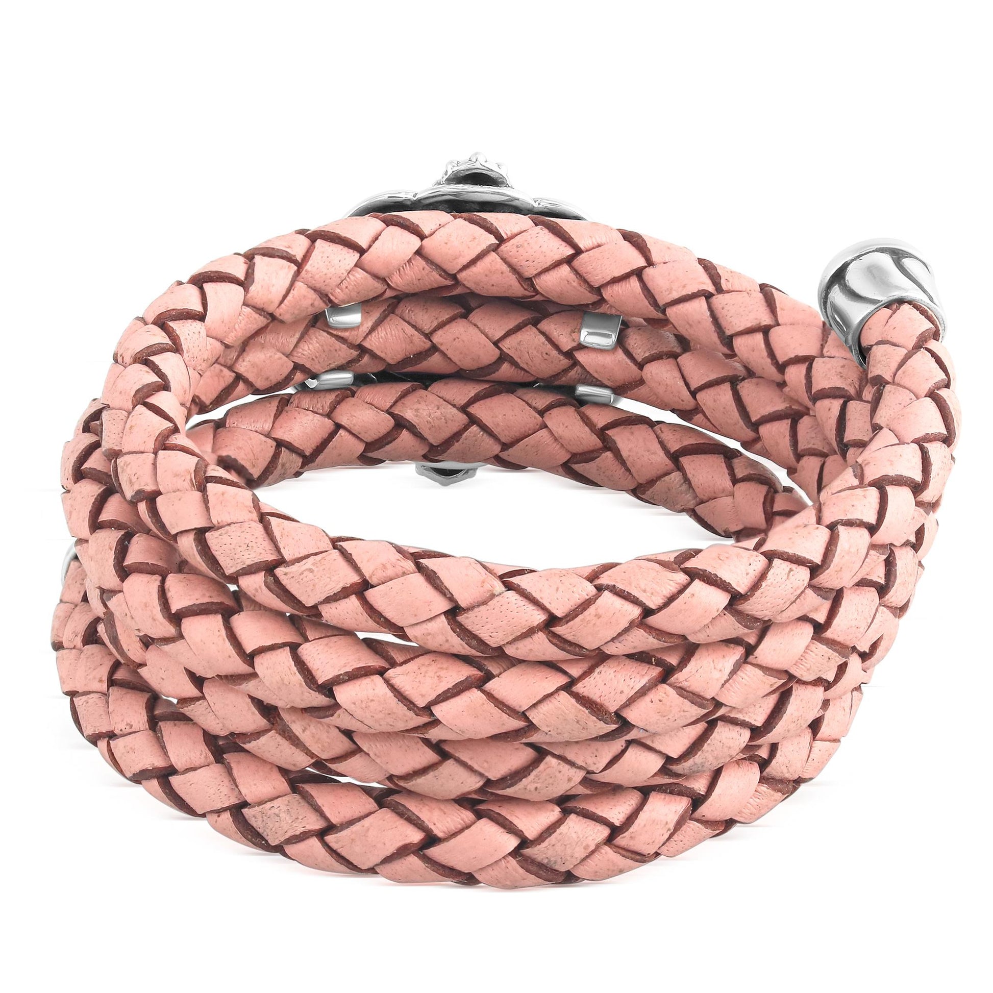 Sterling Silver Rhodochrosite Pink Braided Leather Coil Wrap Bracelet, 24 Inches