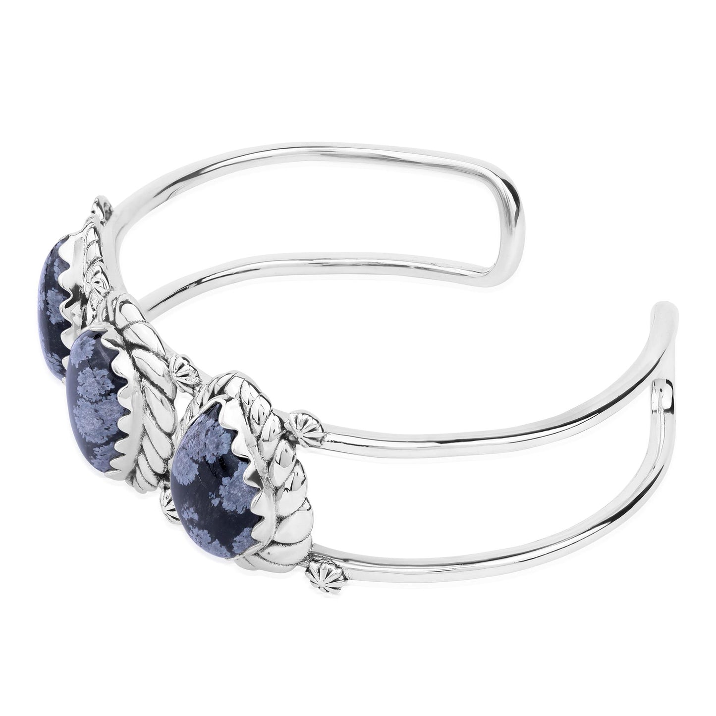 LIMITED EDITION! Sterling Silver Snowflake Obsidian Pear Cut Rope Design Cuff Bracelet, Sizes Small to Large