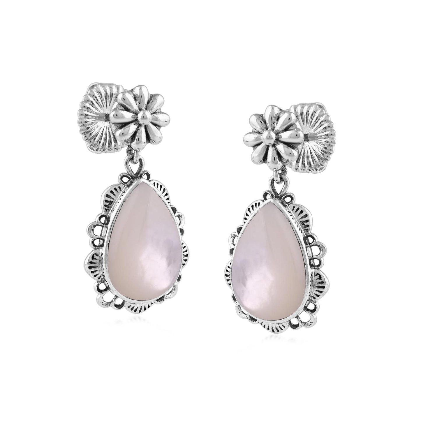  Sterling Silver White Mother of Pearl Pear-Cut Concha Dangle Earrings