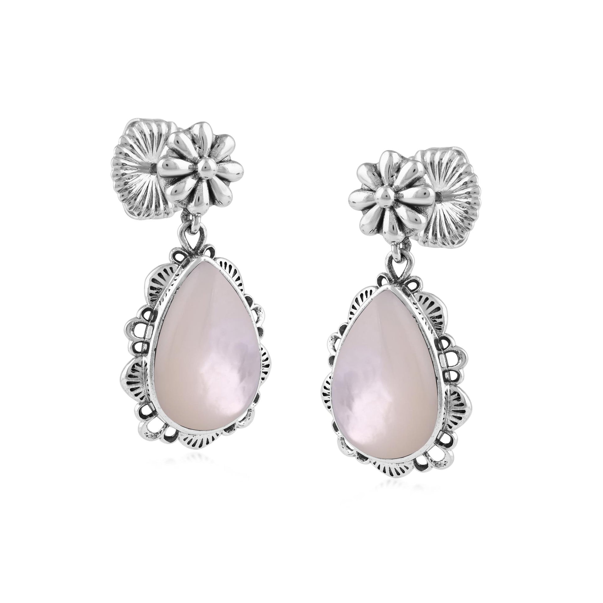  Sterling Silver White Mother of Pearl Pear-Cut Concha Dangle Earrings