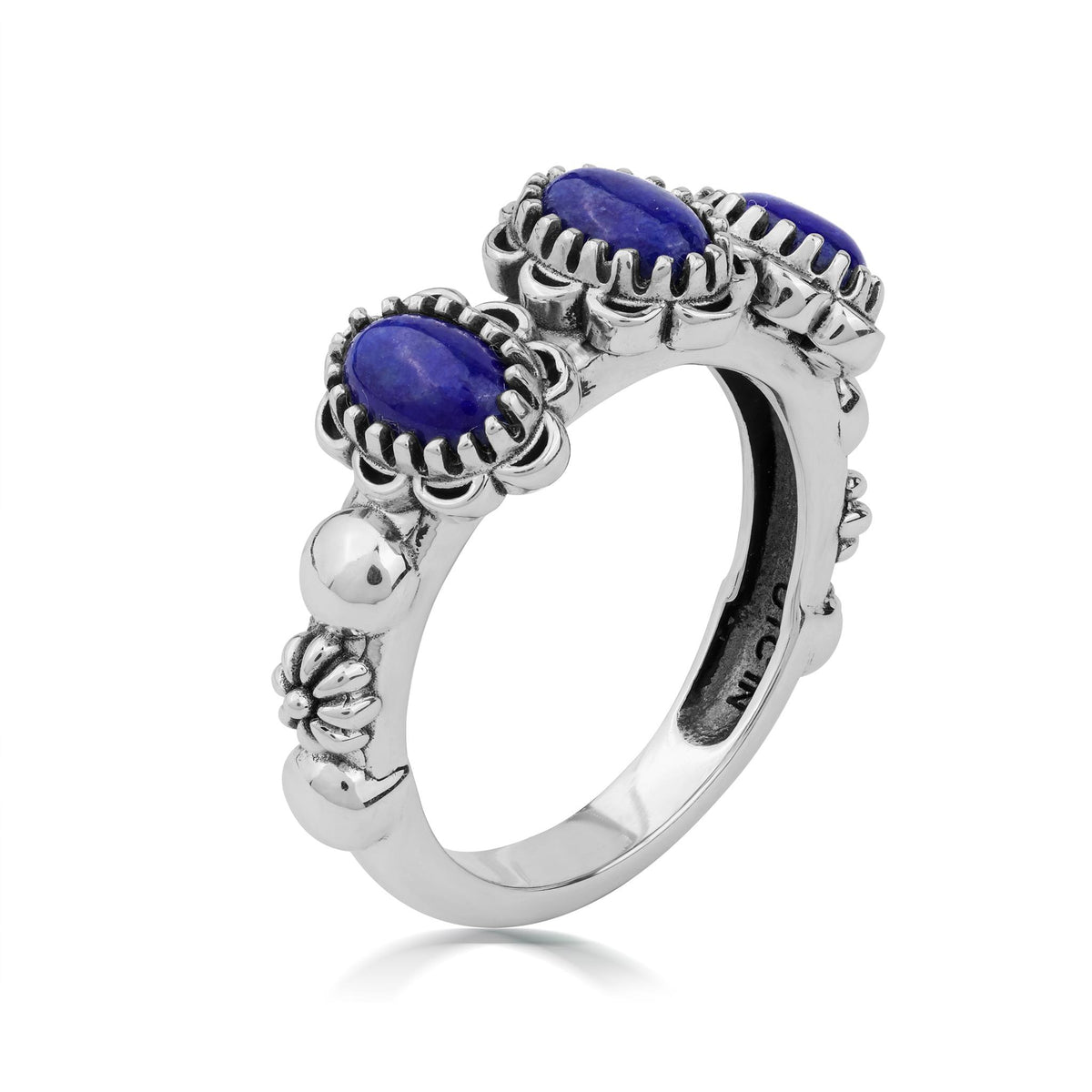 Sterling Silver Lapis Concha 3 Stone Ring, Sizes 5 to 11