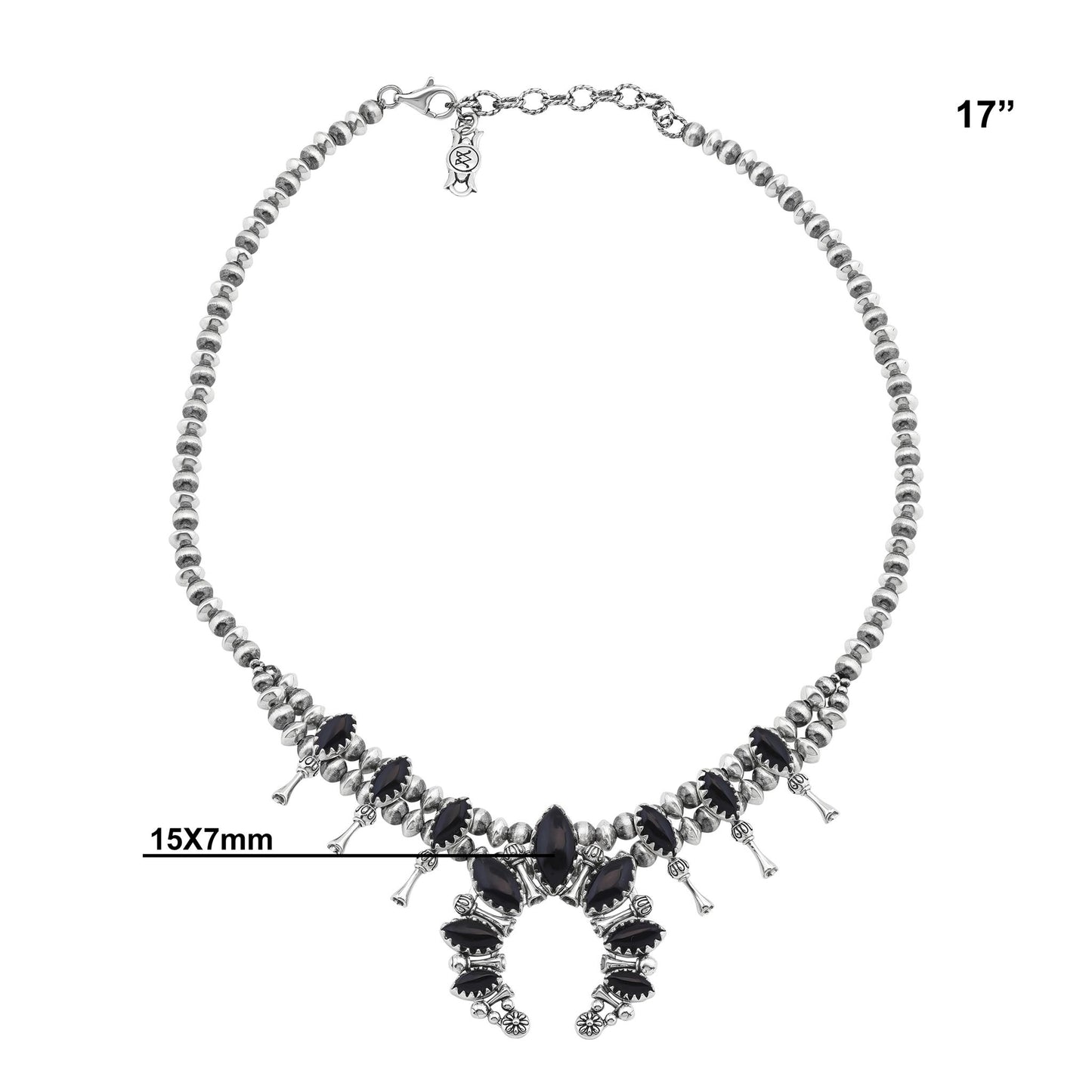  Sterling Silver Black Onyx Marquise-Cut Squash Blossom Necklace 
