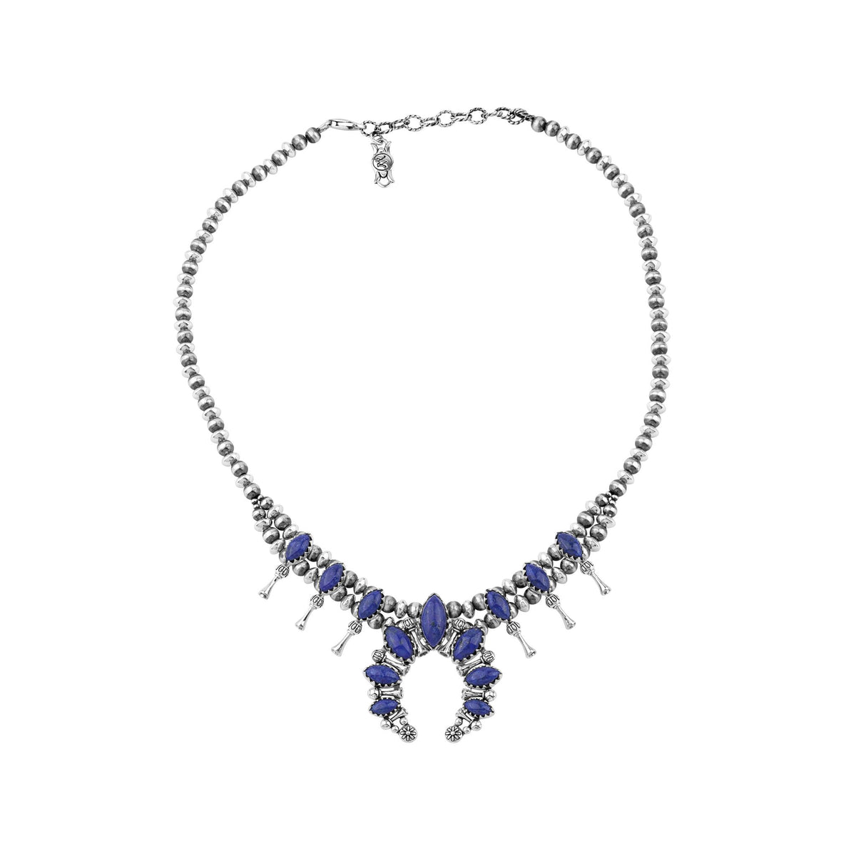 Sterling Silver Lapis Marquise-Cut Squash Blossom Necklace, 17 to 20 Inches