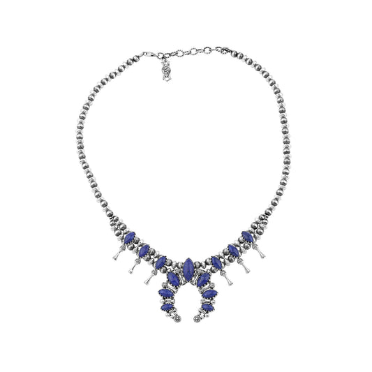 Sterling Silver Lapis Marquise-Cut Squash Blossom Necklace, 17 to 20 Inches