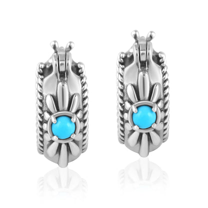 EXCLUSIVELY OURS! Sterling Silver Sleeping Beauty Turquoise Rope and Flower Design Hoop Earrings