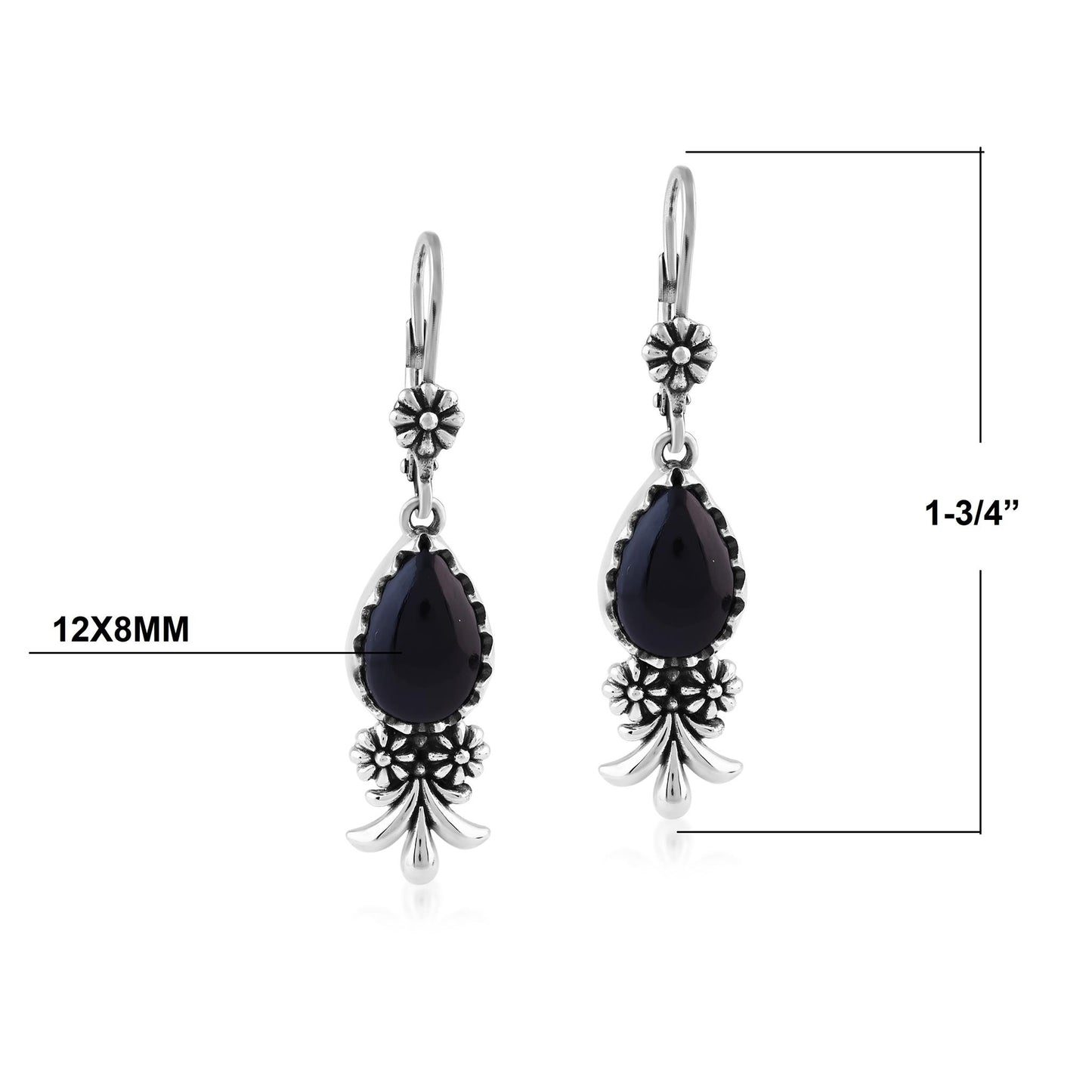  Sterling Silver Black Onyx Teardrop Concha Squash Blossom Dangle Earrings