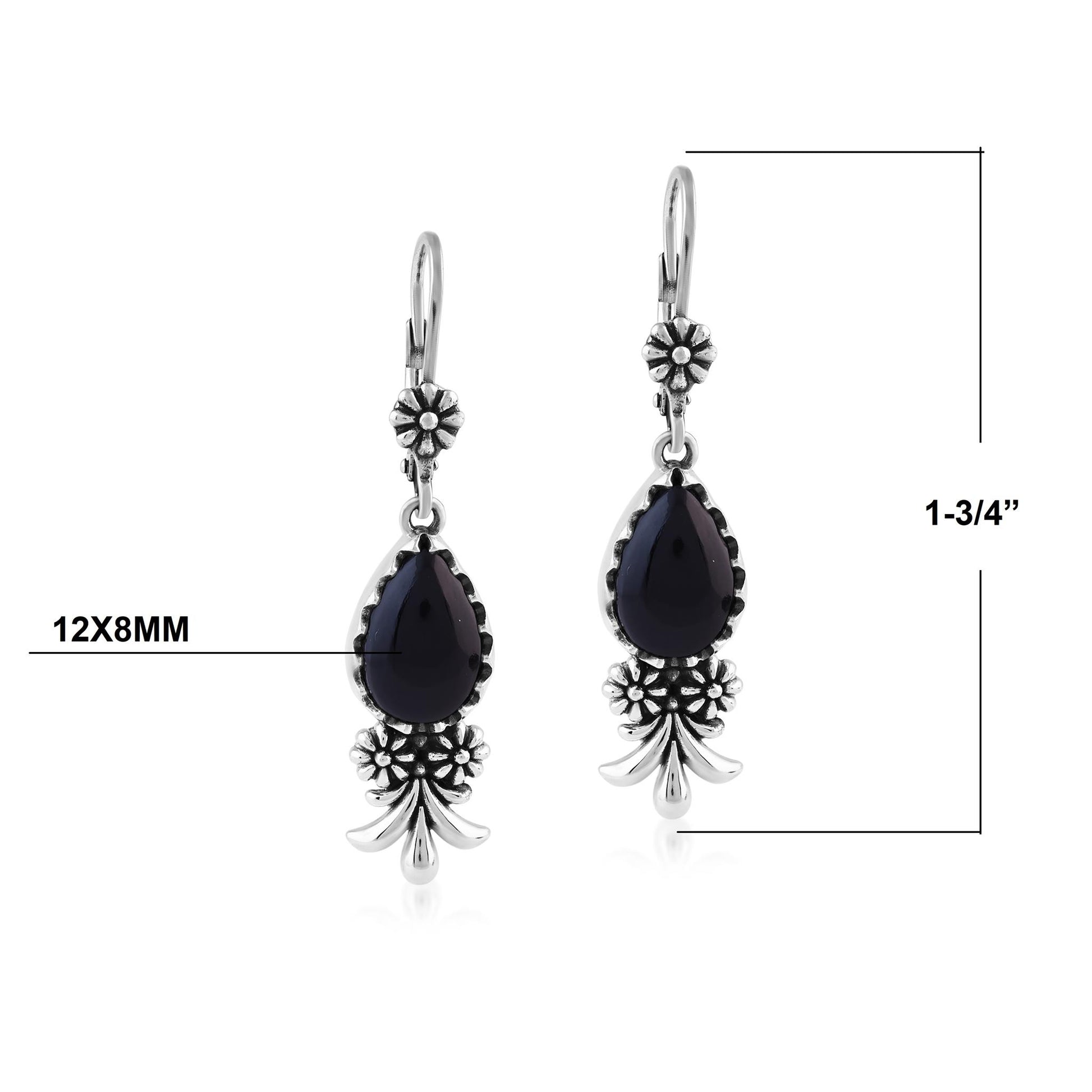  Sterling Silver Black Onyx Teardrop Concha Squash Blossom Dangle Earrings