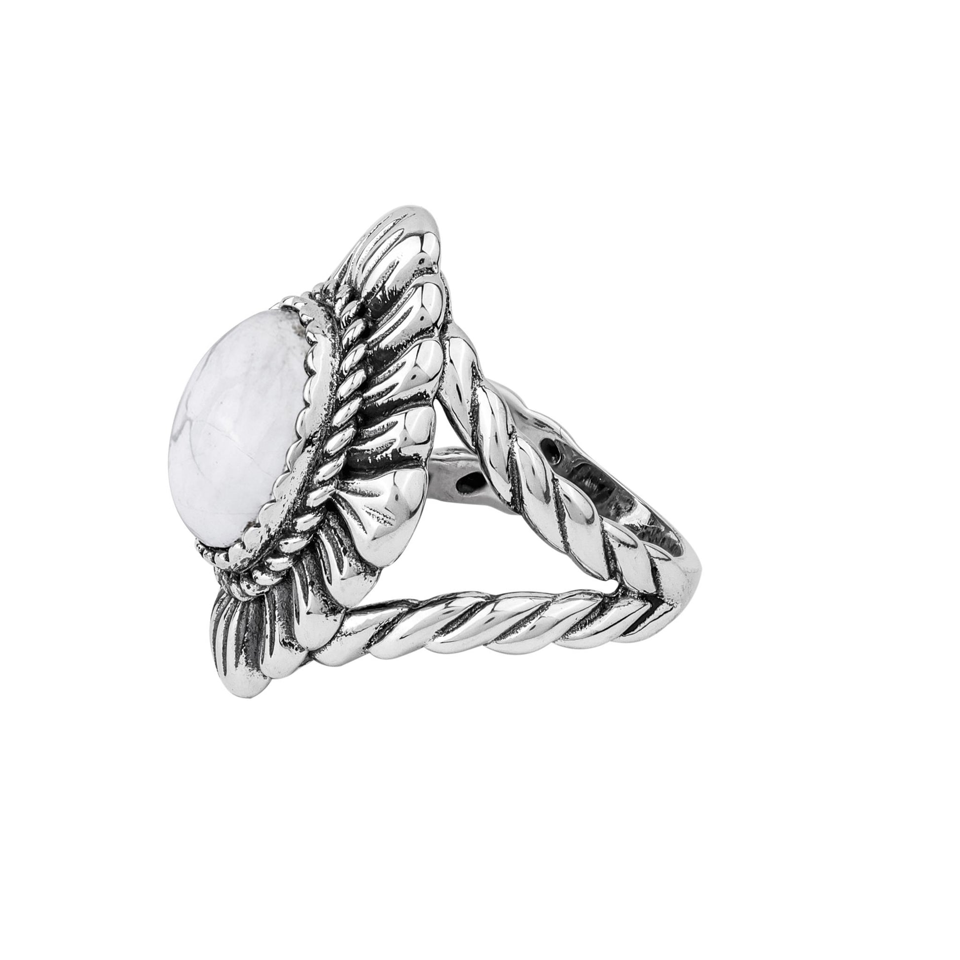Sterling Silver White Howlite Oval-Cut Rope Scallop Design Ring