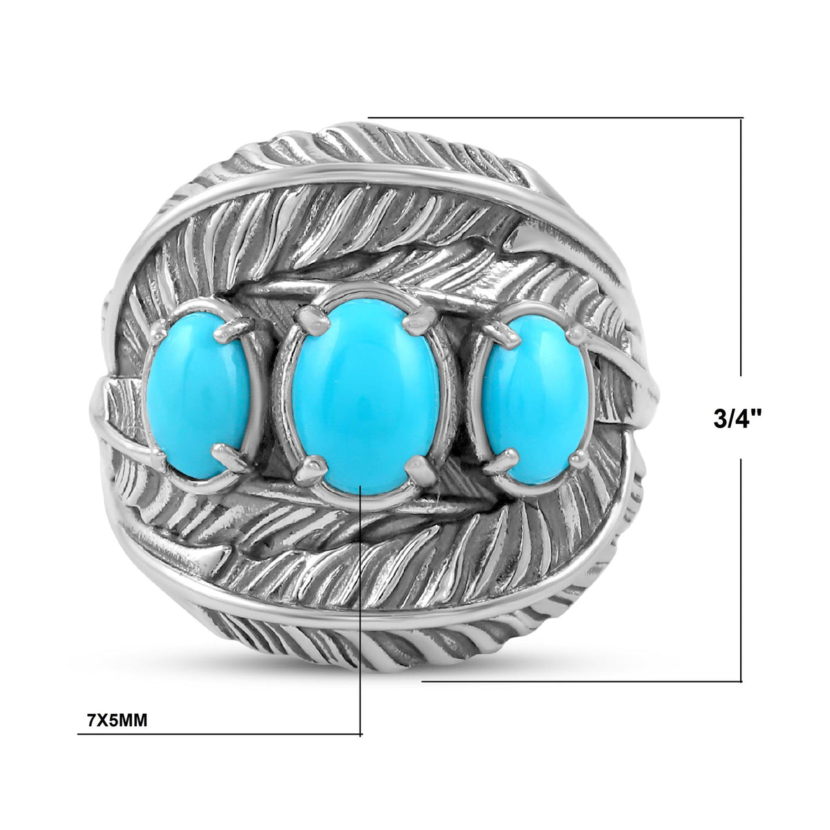 Sterling Silver Sleeping Beauty Turquoise Three-Stone Oval Cut Feather Ring, Sizes 5 to 11