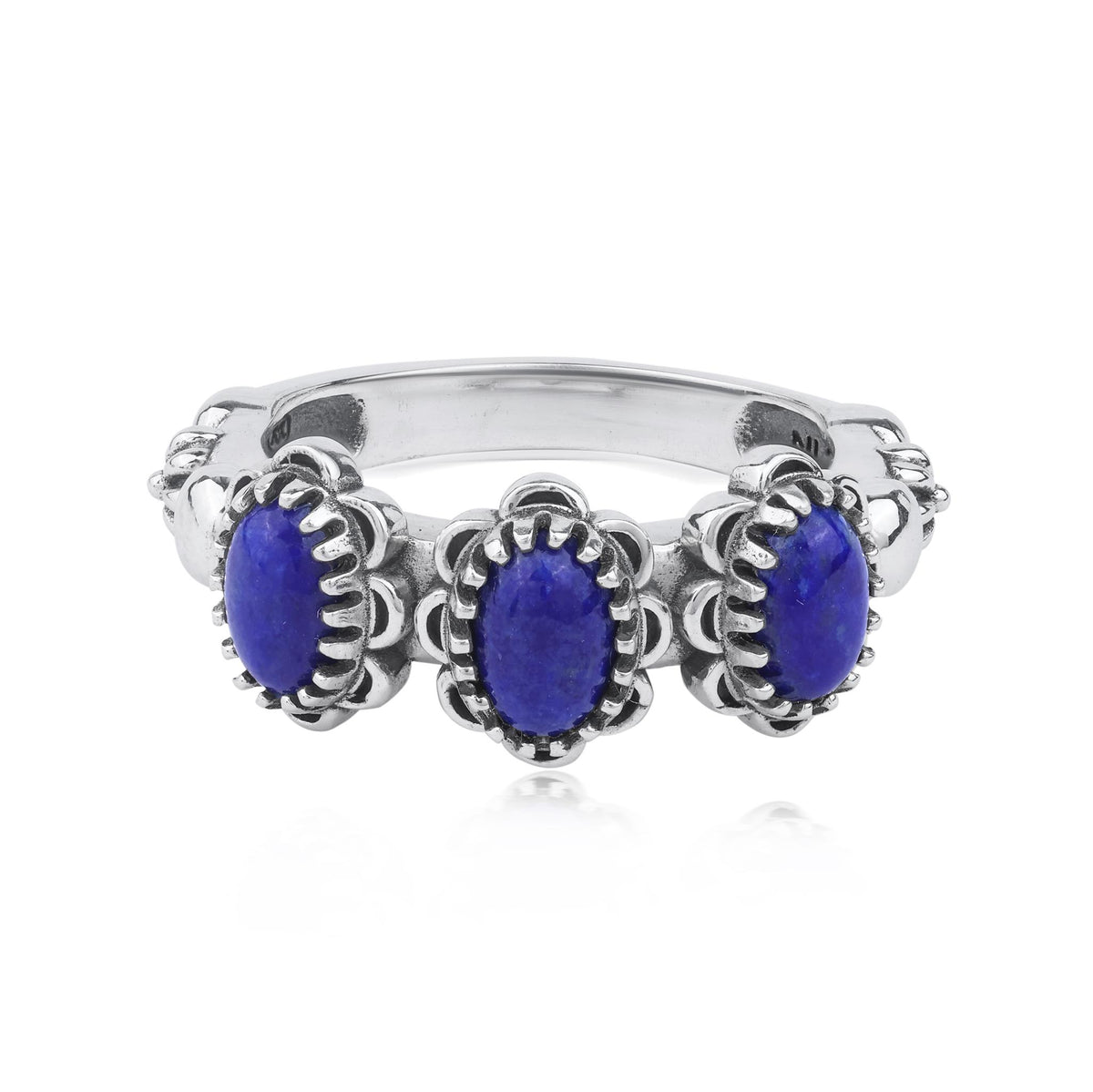 Sterling Silver Lapis Concha 3 Stone Ring, Sizes 5 to 11