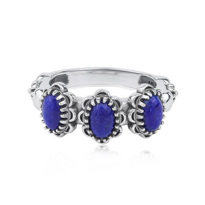 Sterling Silver Lapis Concha 3 Stone Ring, Sizes 5 to 11