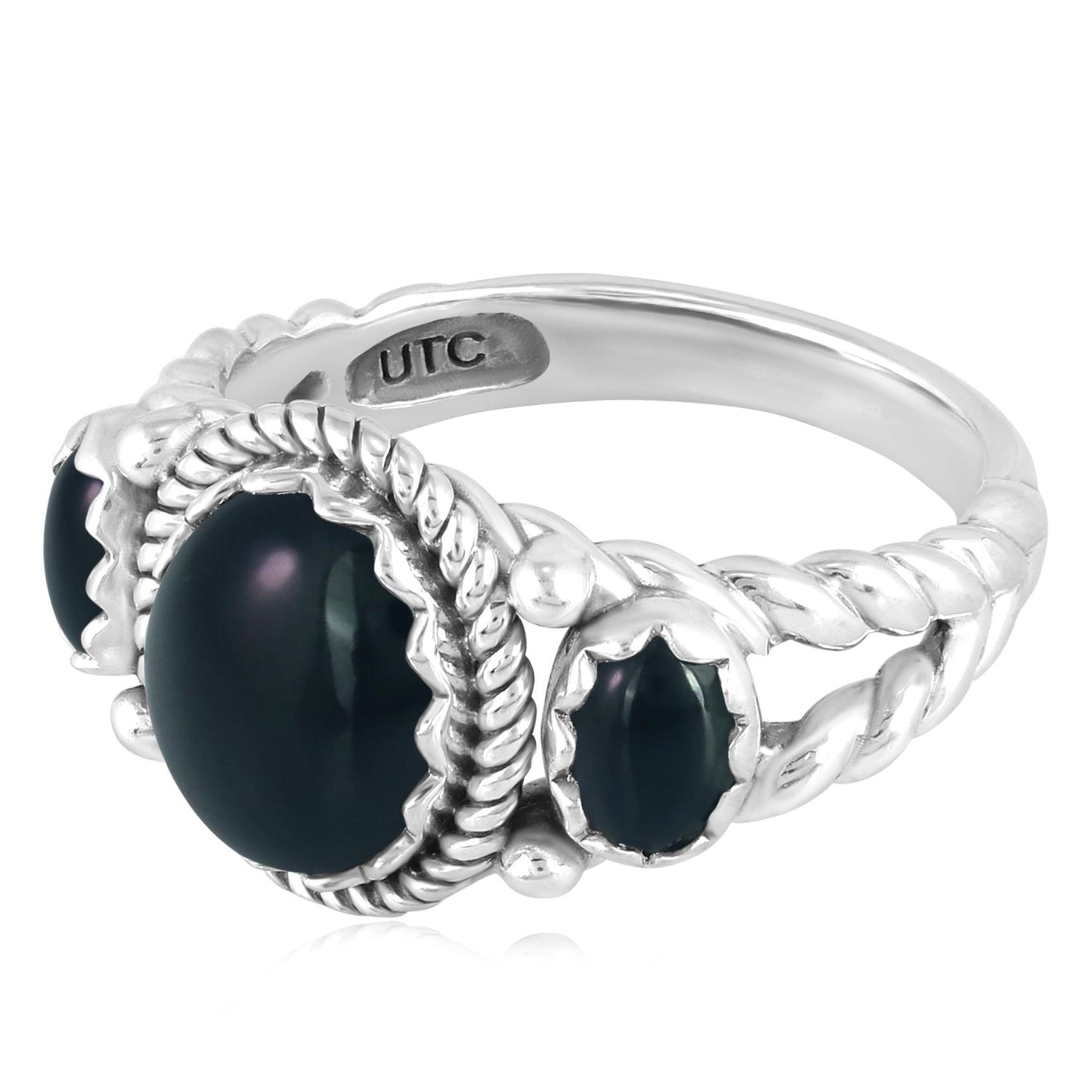 Sterling Silver Black Agate 3-Stone Ring, Sizes 5 to 11
