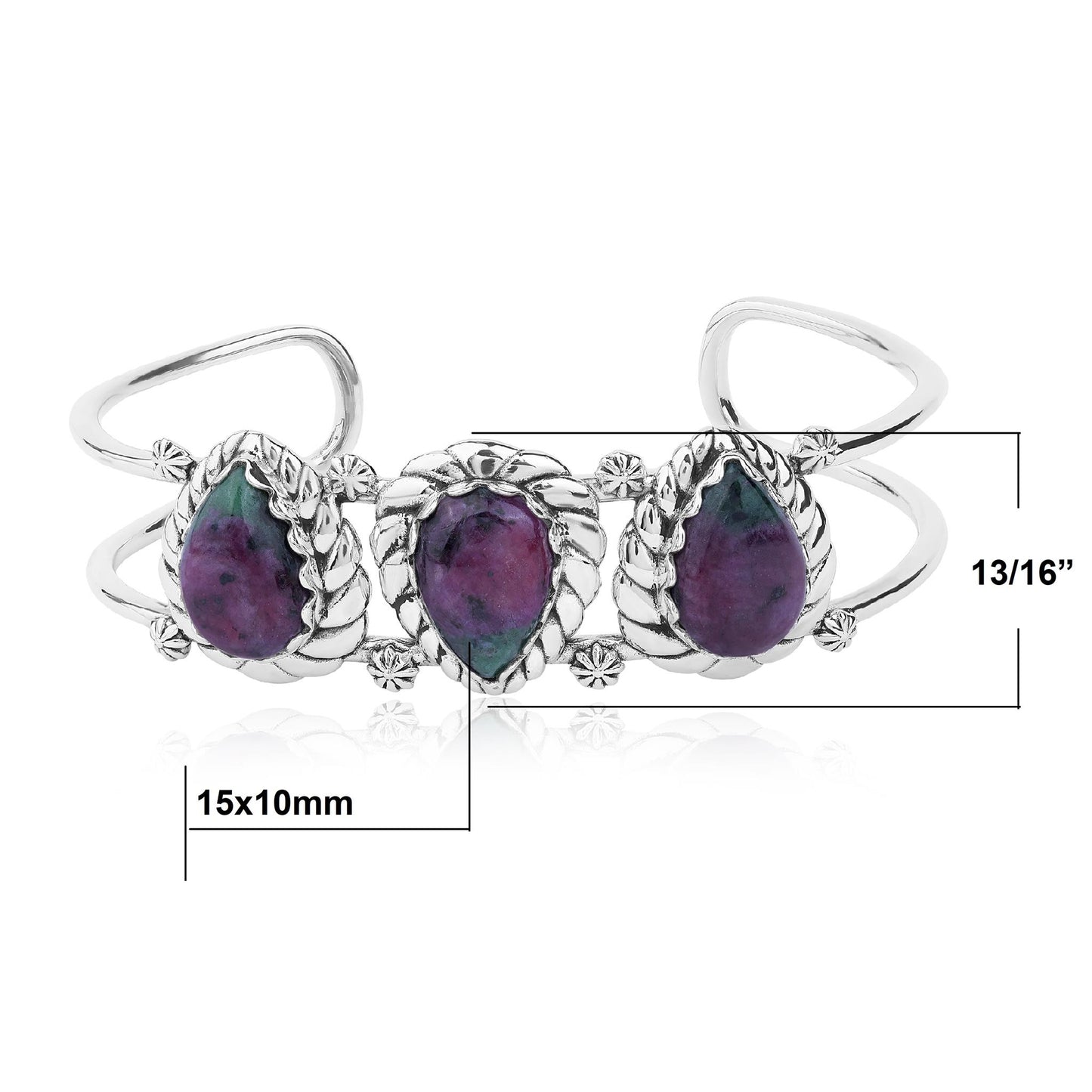 LIMITED EDITION! Sterling Silver Ruby Zoisite Pear Cut Rope Design Cuff Bracelet, Sizes Small to Large