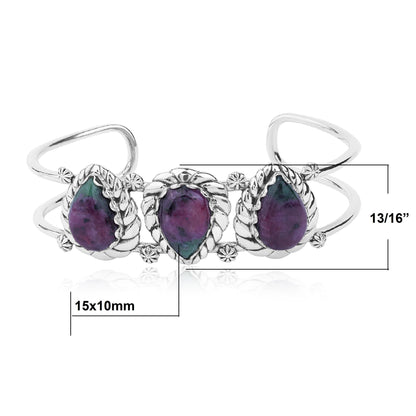 LIMITED EDITION! Sterling Silver Ruby Zoisite Pear Cut Rope Design Cuff Bracelet, Sizes Small to Large