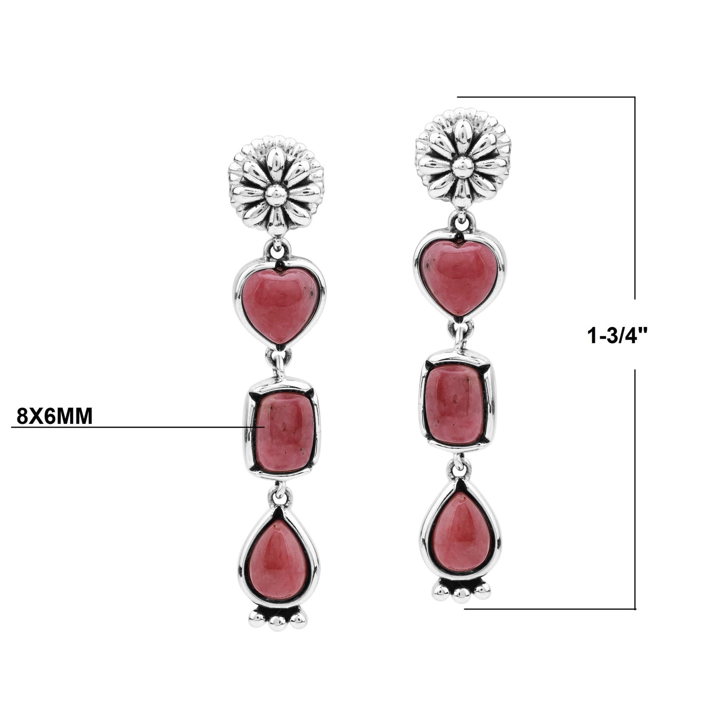 Sterling Silver Rhodonite Gemstone Heart, Rectangle and Pear Concha Post Dangle Earrings 
