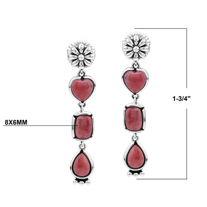 Sterling Silver Rhodonite Gemstone Heart, Rectangle and Pear Concha Post Dangle Earrings 