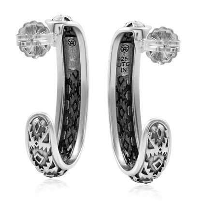 Sterling Silver Patterned J-Hoop 1 Inch Earrings 