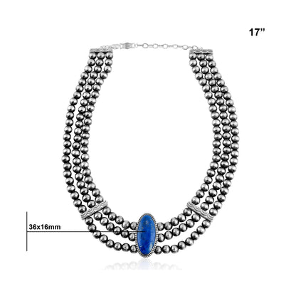 Sterling Silver Lapis Oval Cut Triple-Row Beaded Necklace